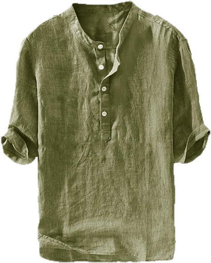 HOTRyannology Mens Linen Shirts Casual Cotton 3/4 Sleeve Regular-Fit Henley T-Shirt Summer Lightweight Beach Yoga Tops