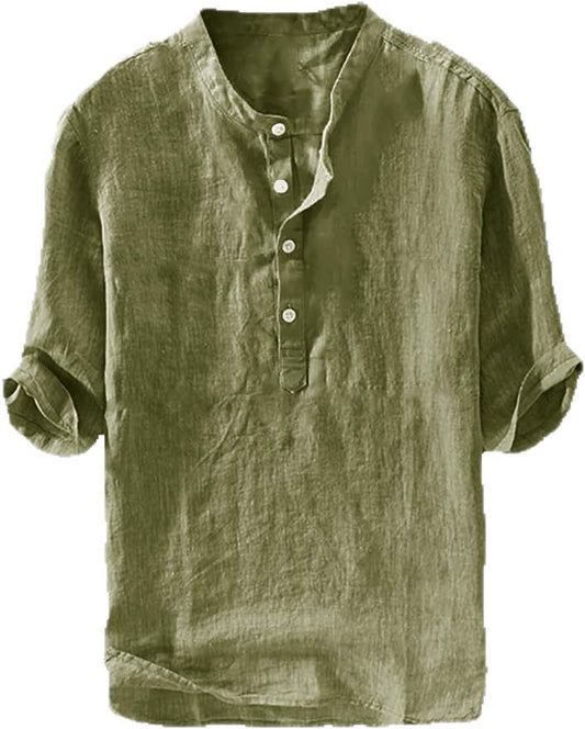 HOTRyannology Mens Linen Shirts Casual Cotton 3/4 Sleeve Regular-Fit Henley T-Shirt Summer Lightweight Beach Yoga Tops