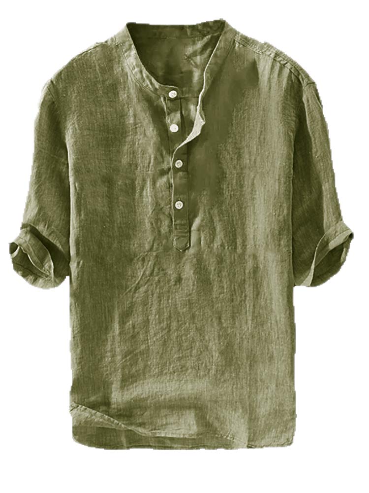 HOTRyannology Mens Linen Shirts Casual Cotton 3/4 Sleeve Regular-Fit Henley T-Shirt Summer Lightweight Beach Yoga Tops