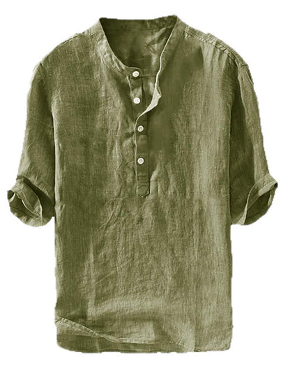 HOTRyannology Mens Linen Shirts Casual Cotton 3/4 Sleeve Regular-Fit Henley T-Shirt Summer Lightweight Beach Yoga Tops