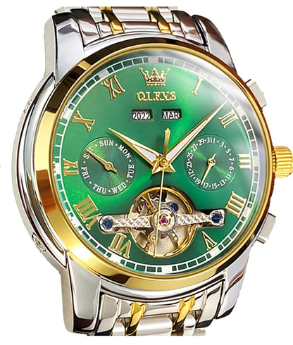 HOTOLEVS Self Winding Watches for Men Automatic Mechanical Dress Tourbillon Stainless Steel Dual Calendar Waterproof Luminous Wrist Watch