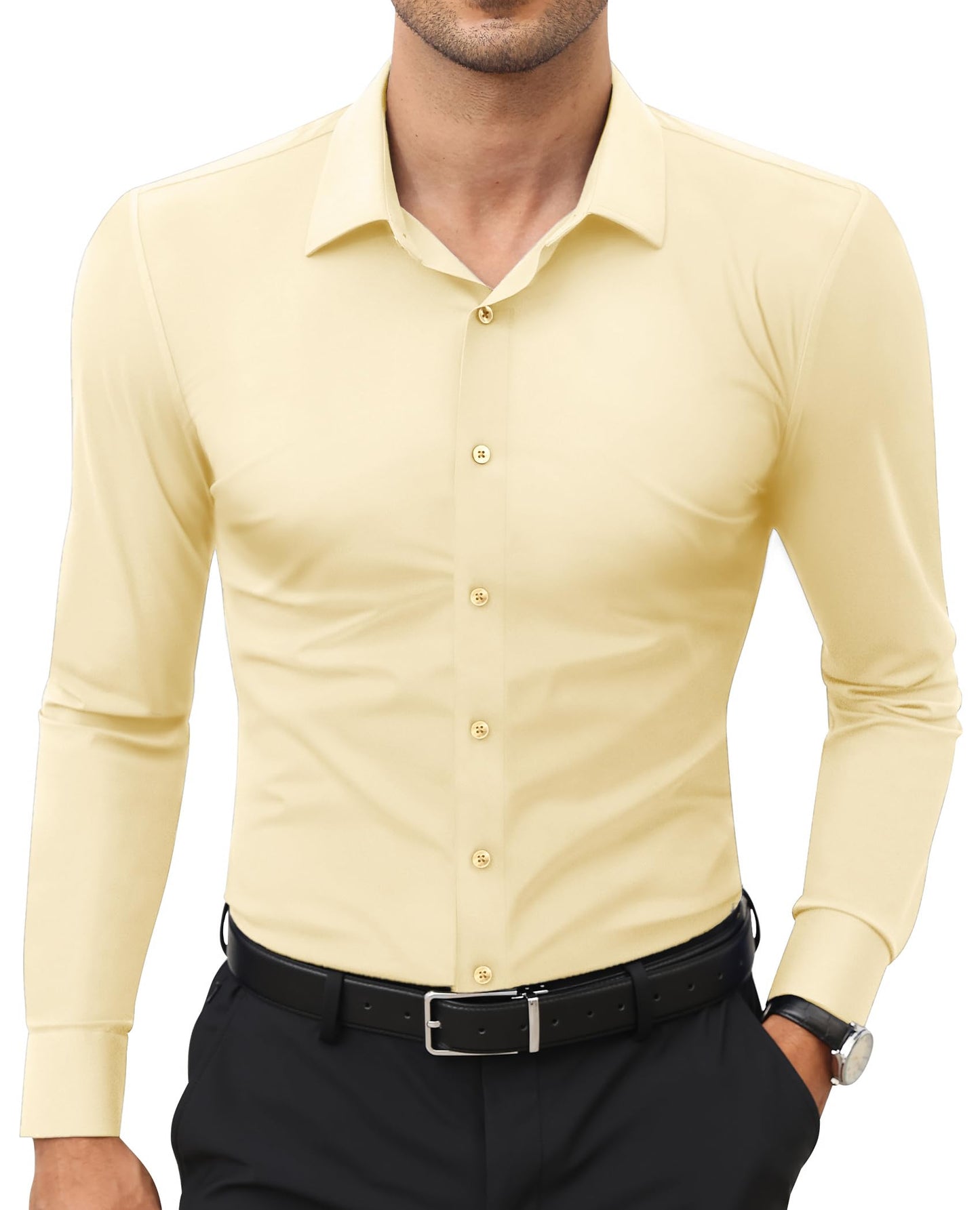 HOTLion Nardo Stretch Mens Dress Shirts Long Sleeve Slim Fit Dress Shirts for Men Muscle Fit Wrinkle Free Button Down Shirt