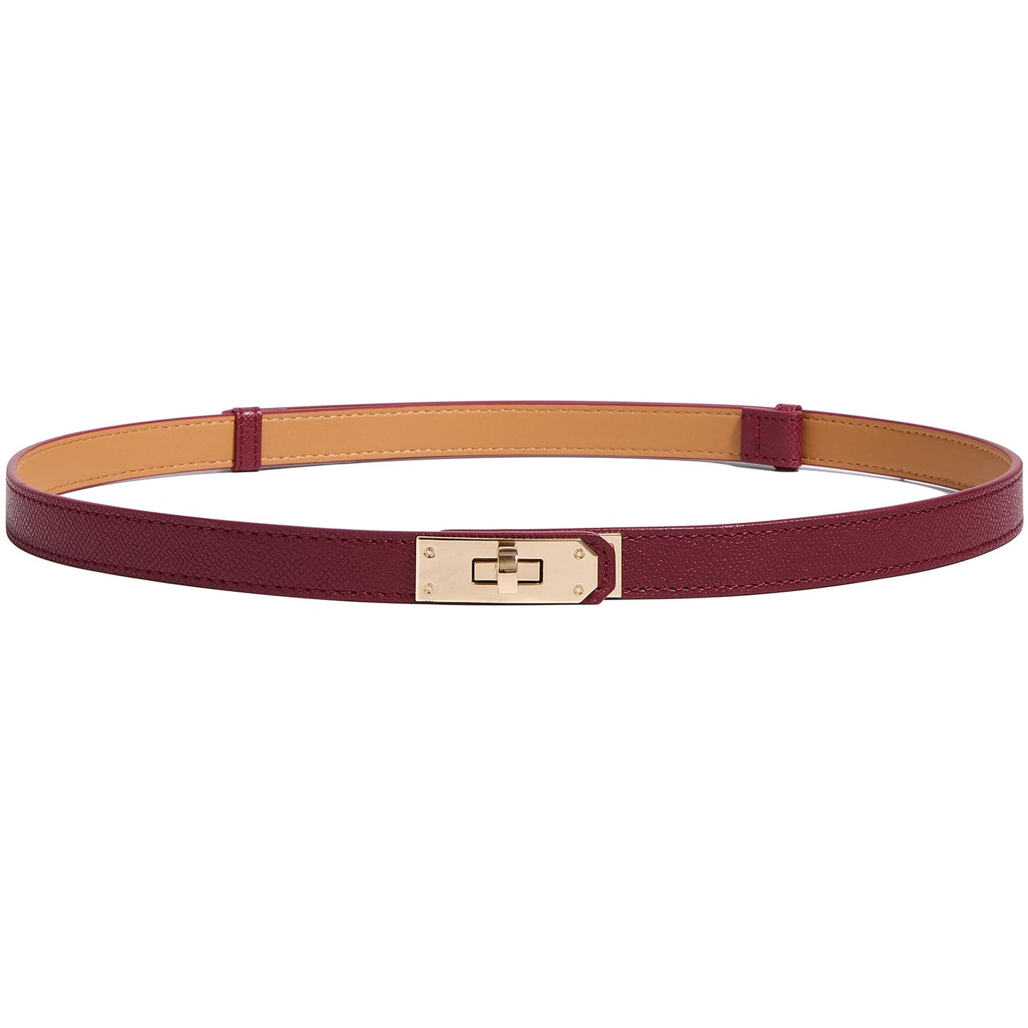 HOTWomen’s Skinny Leather Belt with Gold or Silver Turn-Lock Buckle – Adjustable Thin Belt for Dresses, Office & Wedding