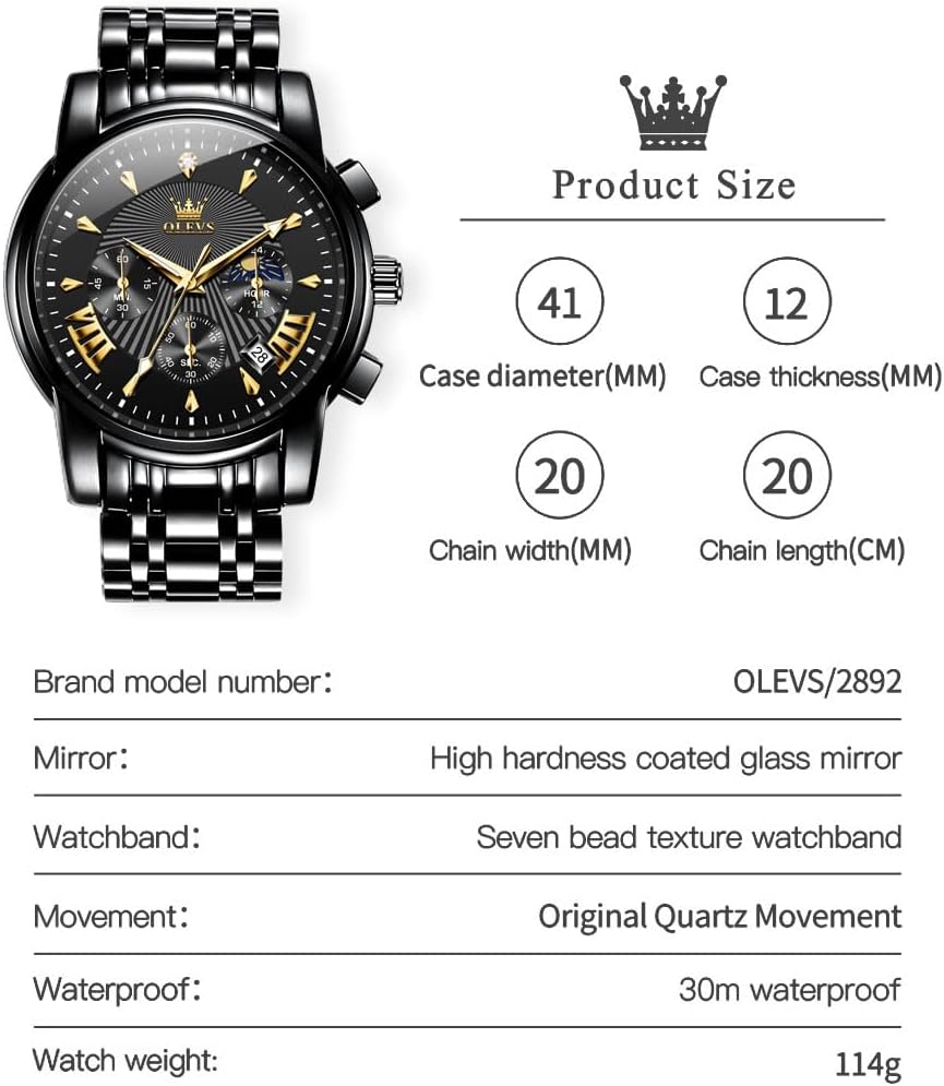 HOTOLEVS Mens Watches Luxury Waterproof Luminous Easy Read Chronograph Watches Full Gold/White Dail/Black Face with Calendar Wrist Watches