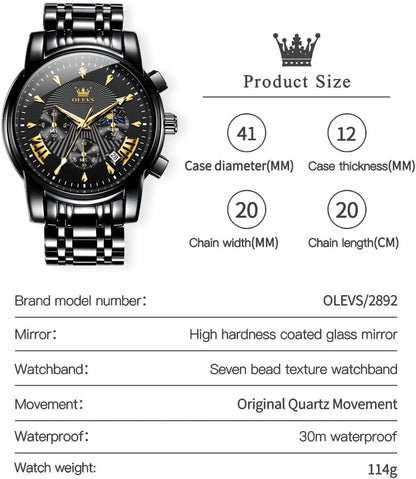 HOTOLEVS Mens Watches Luxury Waterproof Luminous Easy Read Chronograph Watches Full Gold/White Dail/Black Face with Calendar Wrist Watches