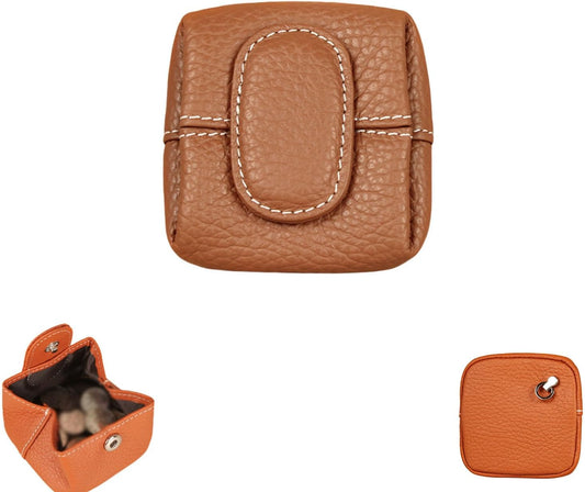 HOTMini Lychees Coin Purse, Small Leather Coin Pouch with Zipper & Keychain, Solid Color Mini Wallet for Women & Men (Brown)