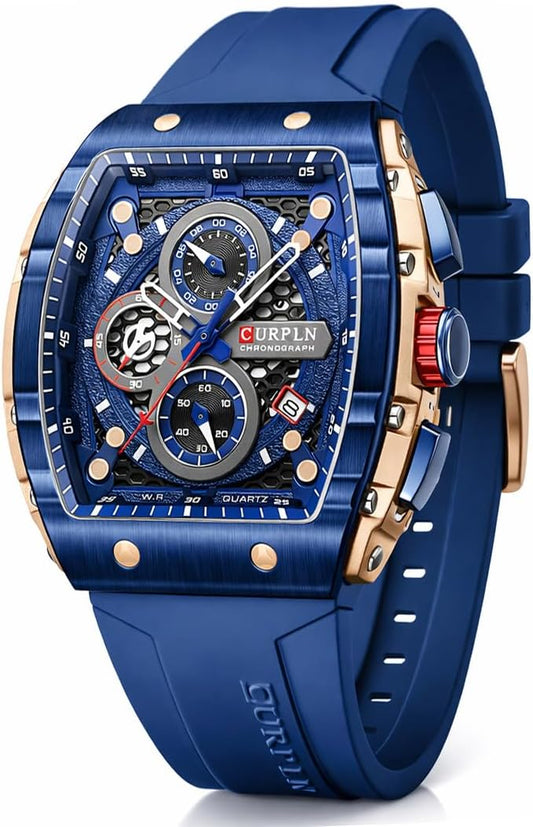 HOTPASOY Men's Chronograph Watch, Big Face, Tonneau Case, Rubber Strap | 47mm analog quartz watch, working chronograph with 1/10-second, second and minute subdials, date, stainless steel case