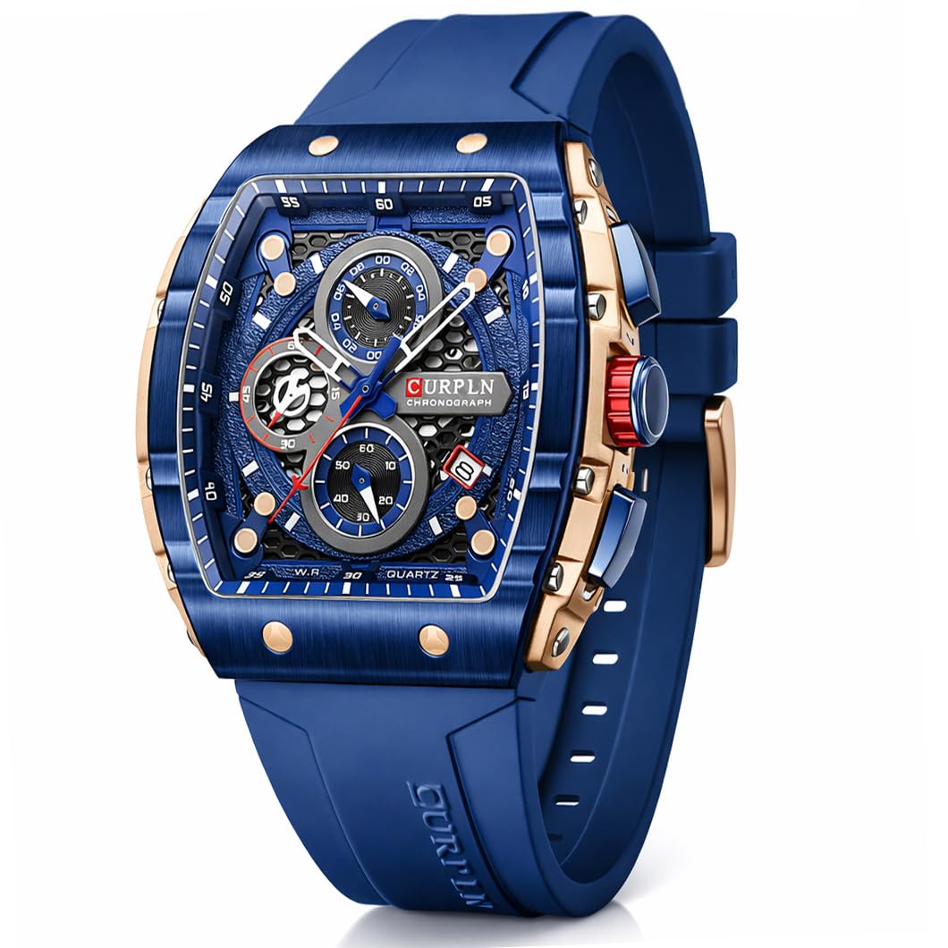 HOTPASOY Men's Chronograph Watch, Big Face, Tonneau Case, Rubber Strap | 47mm analog quartz watch, working chronograph with 1/10-second, second and minute subdials, date, stainless steel case