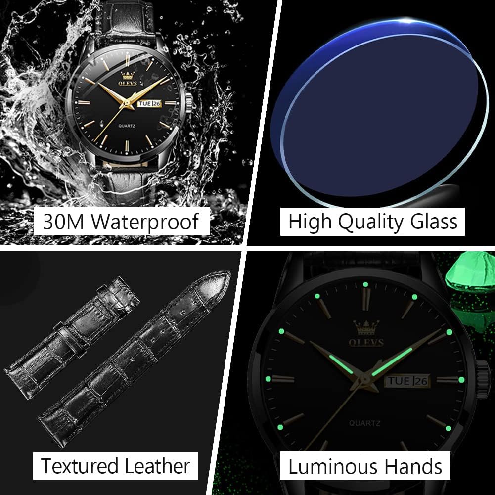 HOTOLEVS Men's Simple Watch with Day and Date, Stainless Steel Analog Quartz Watches for Men, Classic Luminous Hands Men's Dress Watches, Black/White/Blue Dial