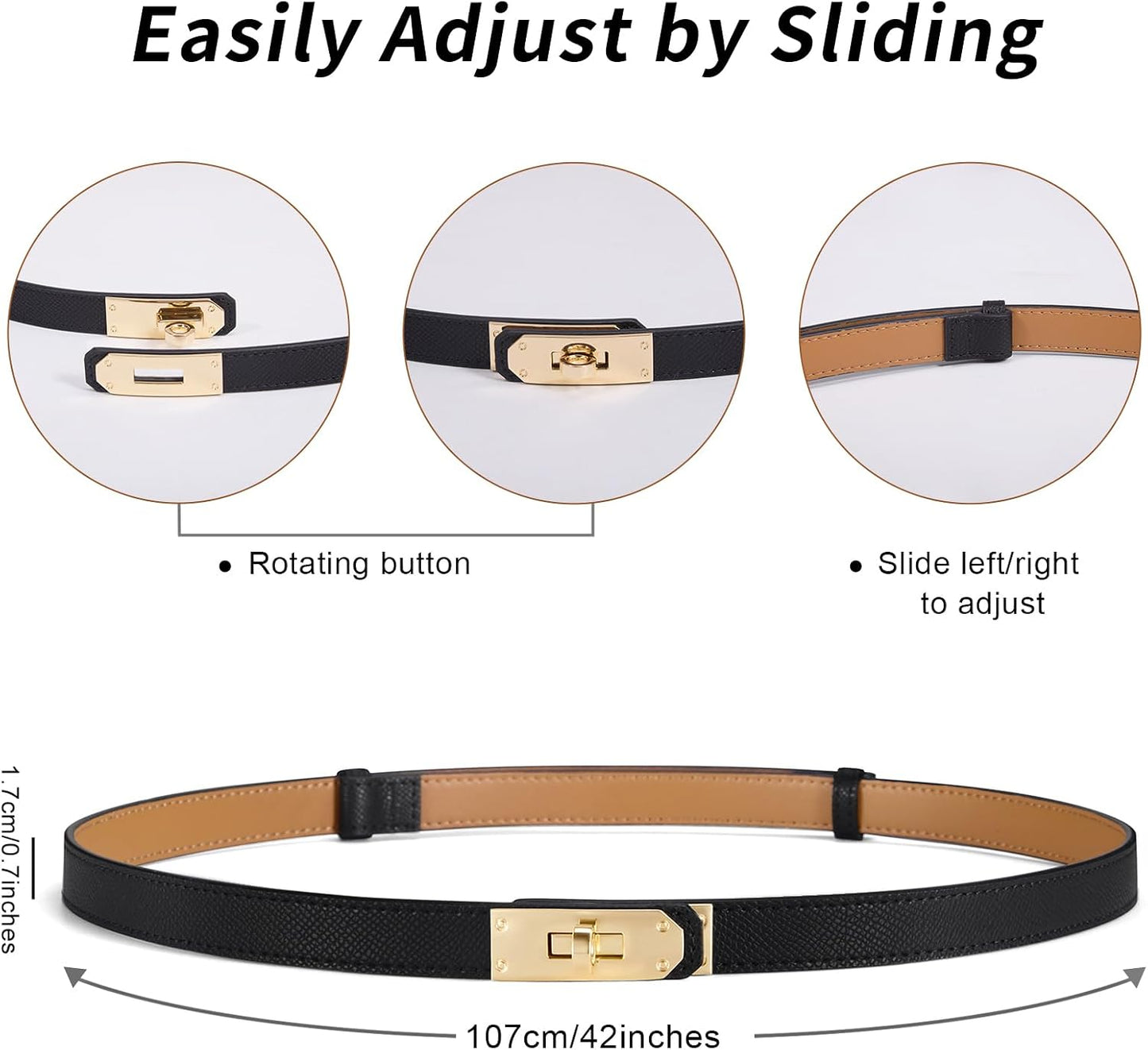 HOTWomen’s Skinny Leather Belt with Gold or Silver Turn-Lock Buckle – Adjustable Thin Belt for Dresses, Office & Wedding