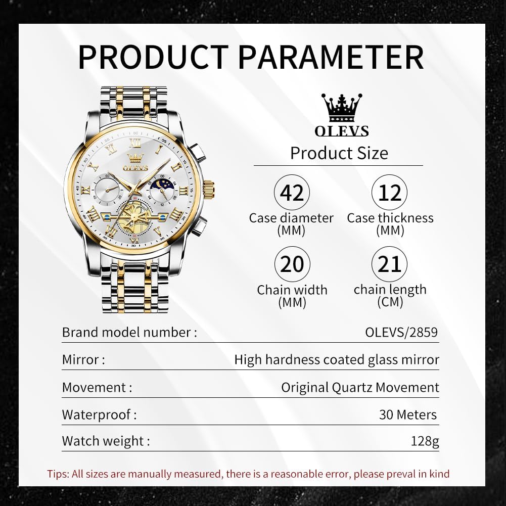 HOTOLEVS Watches Men Waterproof Luxury Big Face Mens Watch Stainless Steel Quartz Analog Dress Watches for Men Luminous Multifunction Man Watch Relojes De Hombre