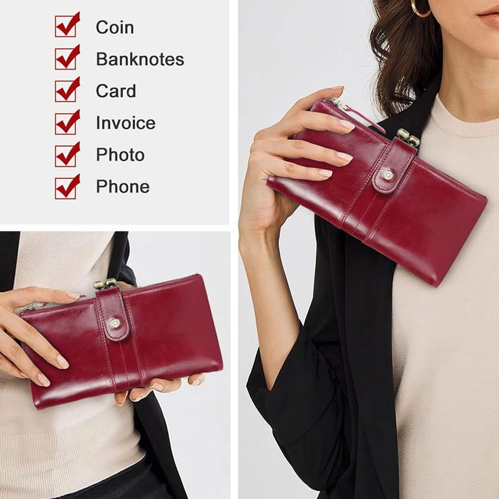 HOTCONTACTS Kiss Lock Wallet for Women Leather, Kiss Clasp Wallet Coin Card Purse RFID Clutch Wallet Zipper Red Vintage Phone Holder