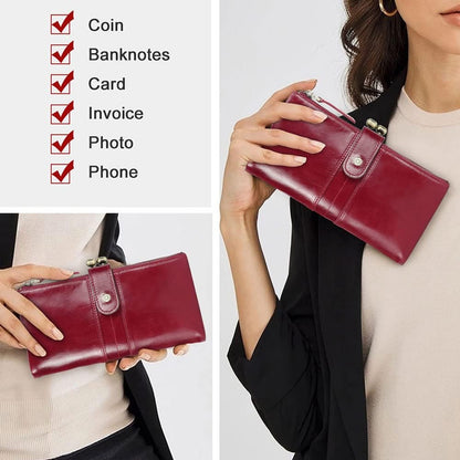 HOTCONTACTS Kiss Lock Wallet for Women Leather, Kiss Clasp Wallet Coin Card Purse RFID Clutch Wallet Zipper Red Vintage Phone Holder