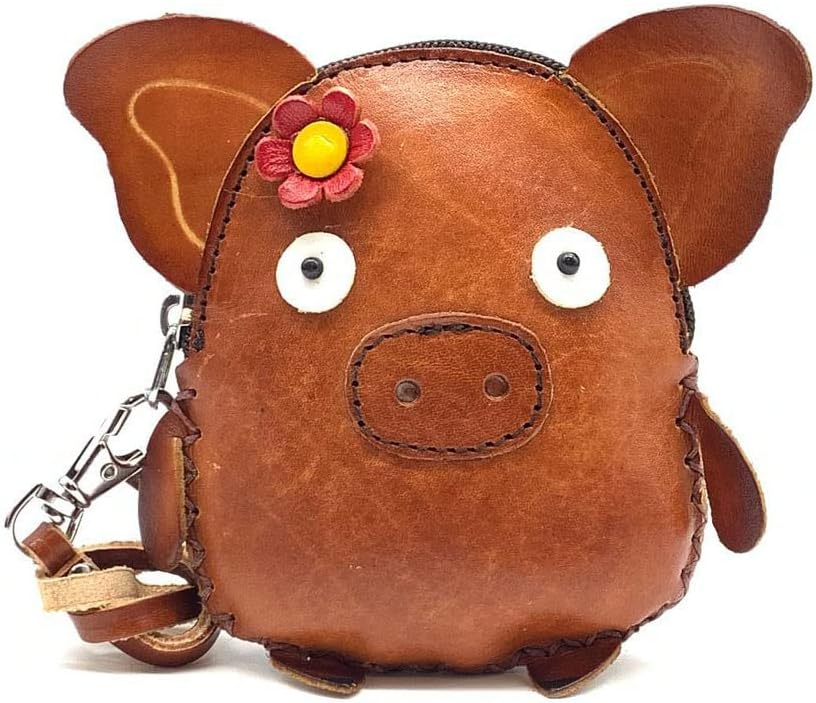 HOTVintage Genuine Leather 3D Animal Pig Coin Purse with keyring & Removable wrist strap (Red)