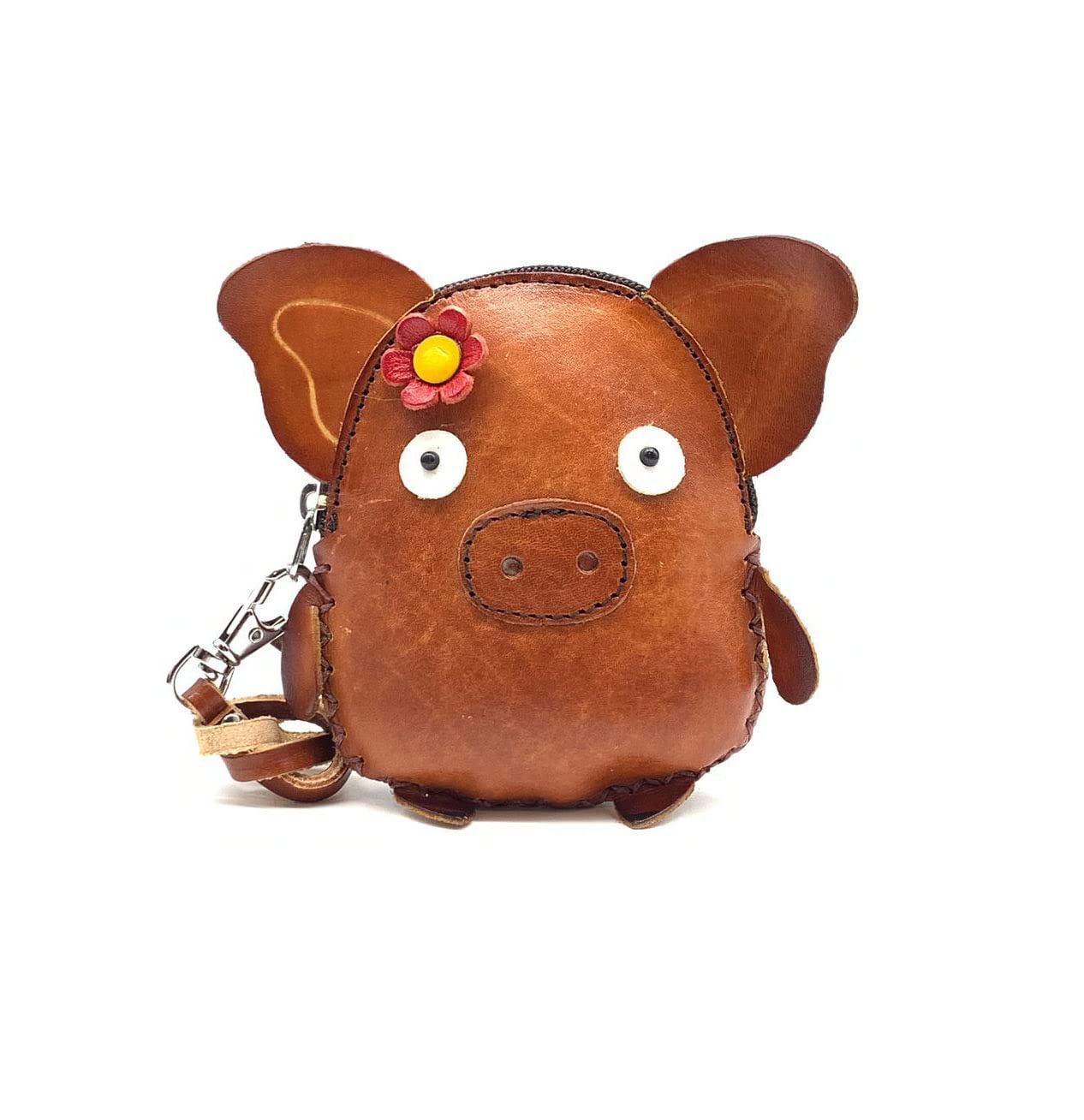HOTVintage Genuine Leather 3D Animal Pig Coin Purse with keyring & Removable wrist strap (Red)