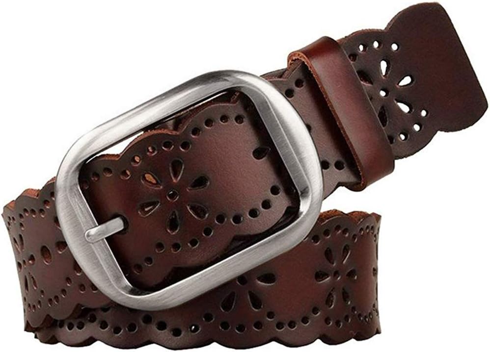 HOTJASGOOD Women's Hollow Flower Genuine Leather Belt for Jeans Pants Wide Belt for Ladies