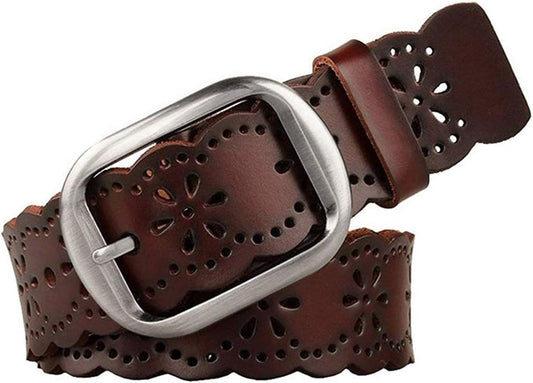 HOTJASGOOD Women's Hollow Flower Genuine Leather Belt for Jeans Pants Wide Belt for Ladies