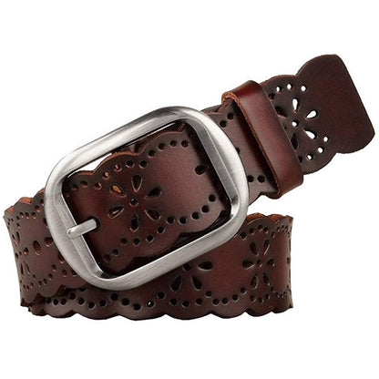 HOTJASGOOD Women's Hollow Flower Genuine Leather Belt for Jeans Pants Wide Belt for Ladies
