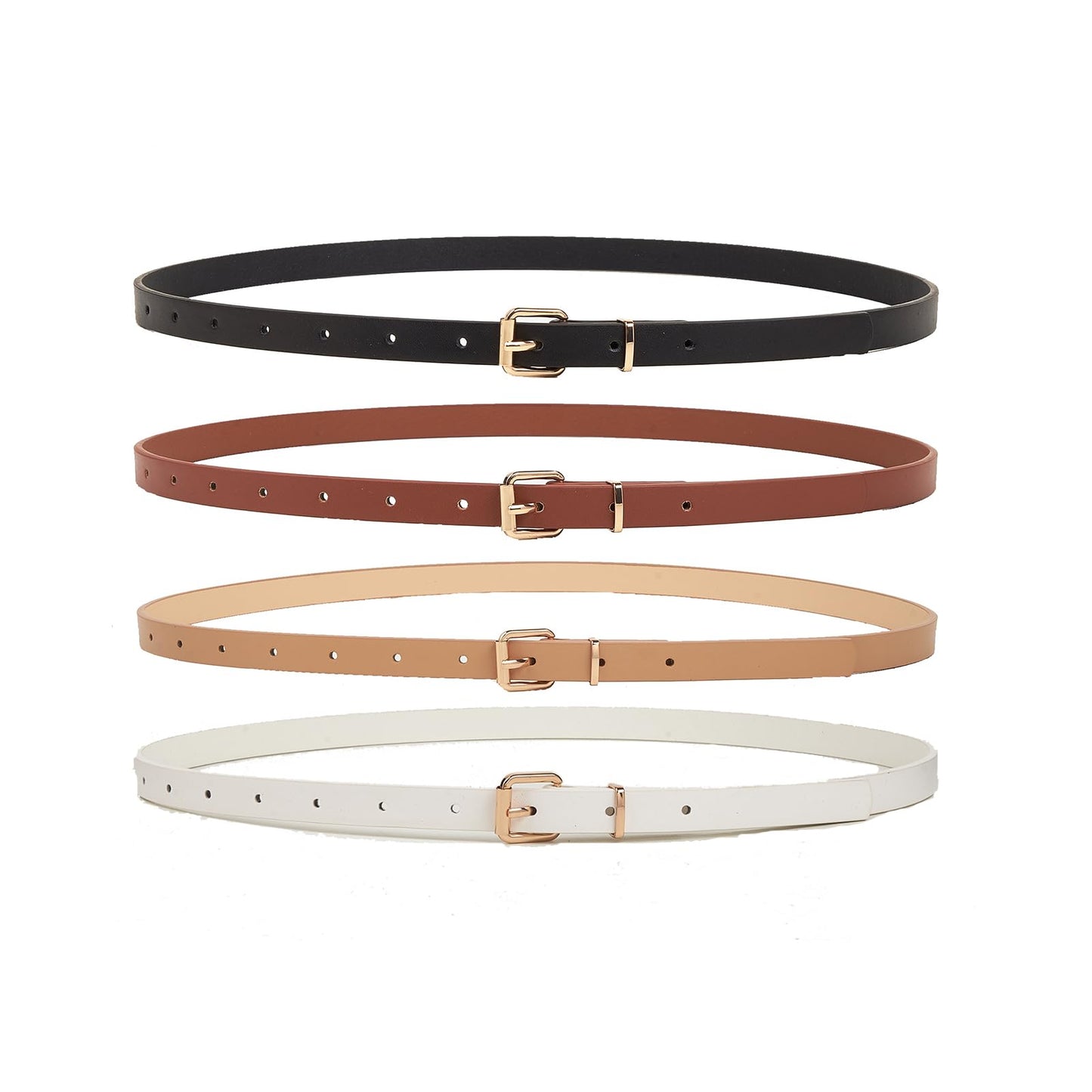 HOTHOTWILL 4 Pack Women Skinny Belts for Jeans Dress Thin Waist Belt | 0.55 in Wide, Black Beige Brown White Faux Leather, Gold Silver Buckle, Fashion Casual Style, Daily Outfits Accessories