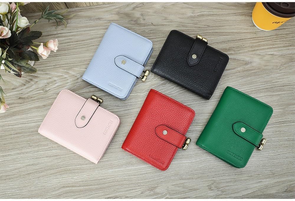 HOTCONTACTS Full Grain Leather Kiss Lock Wallet for Women Coin Pocket Kiss Clasp Purse Small Card Holder Bifold Rfid Wallet (Black)