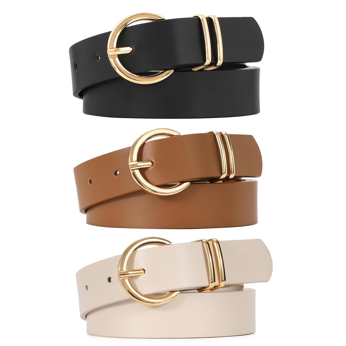HOTVONMELLI 3 Pack Women's Belts for Jeans Pants Fashion Gold Buckle Ladies Dress Belt
