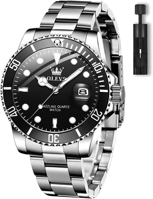 HOTOLEVS Men's Watches with Date, Premium Gold and Silver Stainless Steel Analog Watches for Men, Classic Rotatable Bezel Men's Cuff Watches, Blue/Green/Black Dial