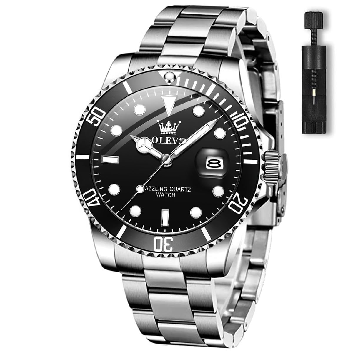 HOTOLEVS Men's Watches with Date, Premium Gold and Silver Stainless Steel Analog Watches for Men, Classic Rotatable Bezel Men's Cuff Watches, Blue/Green/Black Dial