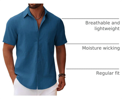 HOTCOOFANDY Men's Button Down Short Sleeve Shirt Casual Cotton Summer Beach Linen Wedding Shirts with Pocket