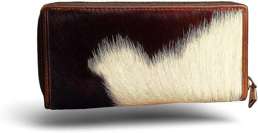HOTESS Cowhide Leather Wallet for Women – RFID Blocking Clutch with Zipper | 8 Card Slots White & Black 7.25x3.75 in genuine hair-on Handmade Craftsmanship Gift-Ready Pouch Unique One-of-a-Kind Pattern