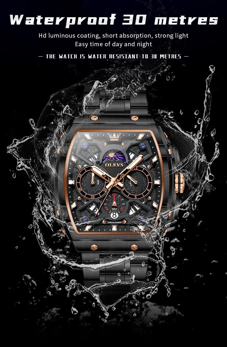 HOTOLEVS Men Watches Business Dress Chronograph Big Square Quartz Analog Male Watch Silicone Strap Waterproof Date Gift Mens Wrsit Watch Silver