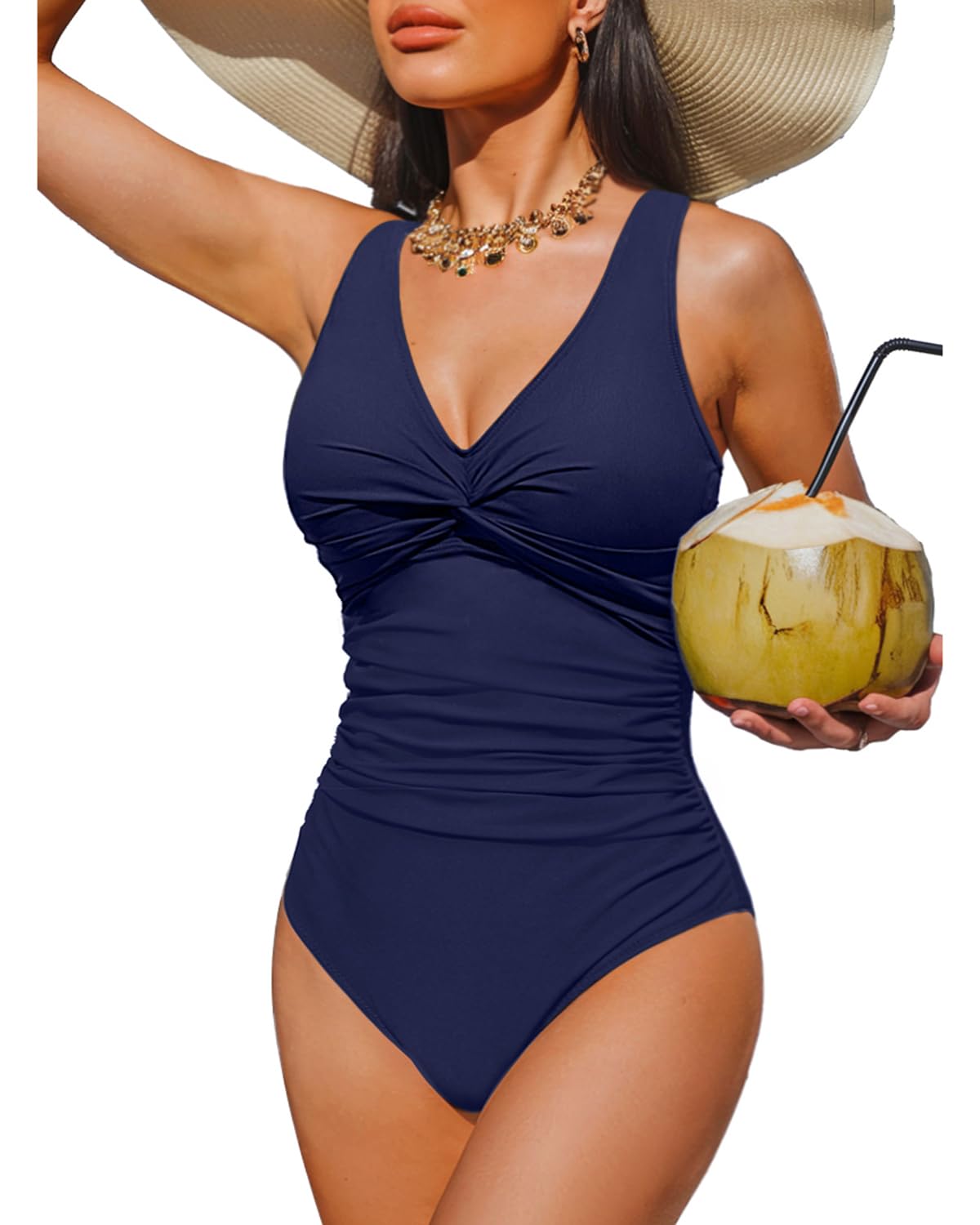 HOTWomen's Tummy Control One Piece Swimsuit Push Up Full Coverage Bathing Suit | V-Neck Twist Front, Low-Back Design, Adjustable Straps, Removable Pads, Full Coverage, Long-Torso Fit, Beach and Pool Days