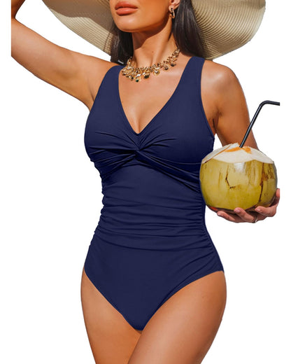 HOTWomen's Tummy Control One Piece Swimsuit Push Up Full Coverage Bathing Suit | V-Neck Twist Front, Low-Back Design, Adjustable Straps, Removable Pads, Full Coverage, Long-Torso Fit, Beach and Pool Days