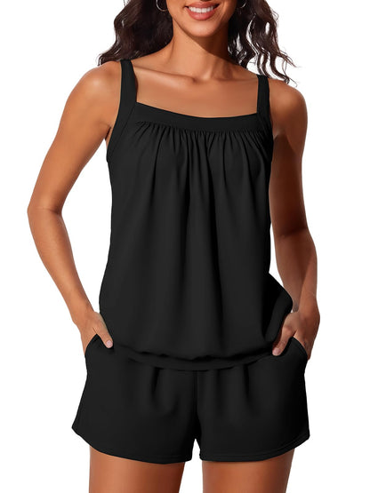 HOTSummer Mae Blouson Womens Tankini Swimsuits Tummy Control Bathing | Modest tankini with adjustable straps,built-in brief,swim shorts with pockets,plus for beach,pool,vacation