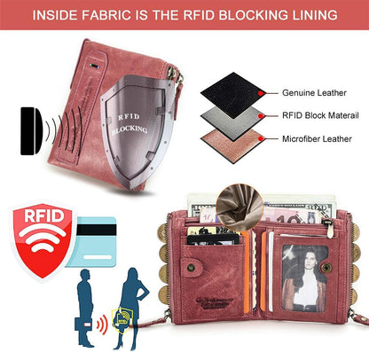 HOTCONTACTS Soft Leather Wallet for Women Small Bifold Coin Purse Double Zipper Card Holder with RFID Blocking (Rose Tan)