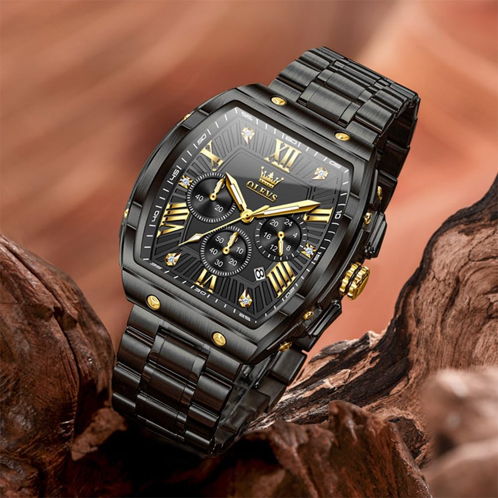 HOTOLEVS Mens Watches Analog Quartz Chronograph Square Dress Watch for Man Stainless Steel or Leather Band Waterproof Luminous Date Male Watch
