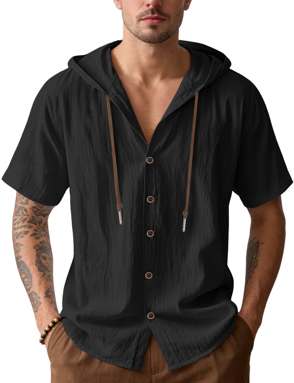 HOTMen's Cotton Linen Shirts Short Sleeve Casual Sweatshirts Button Down Summer Beach Wedding Shirts with Hoodies