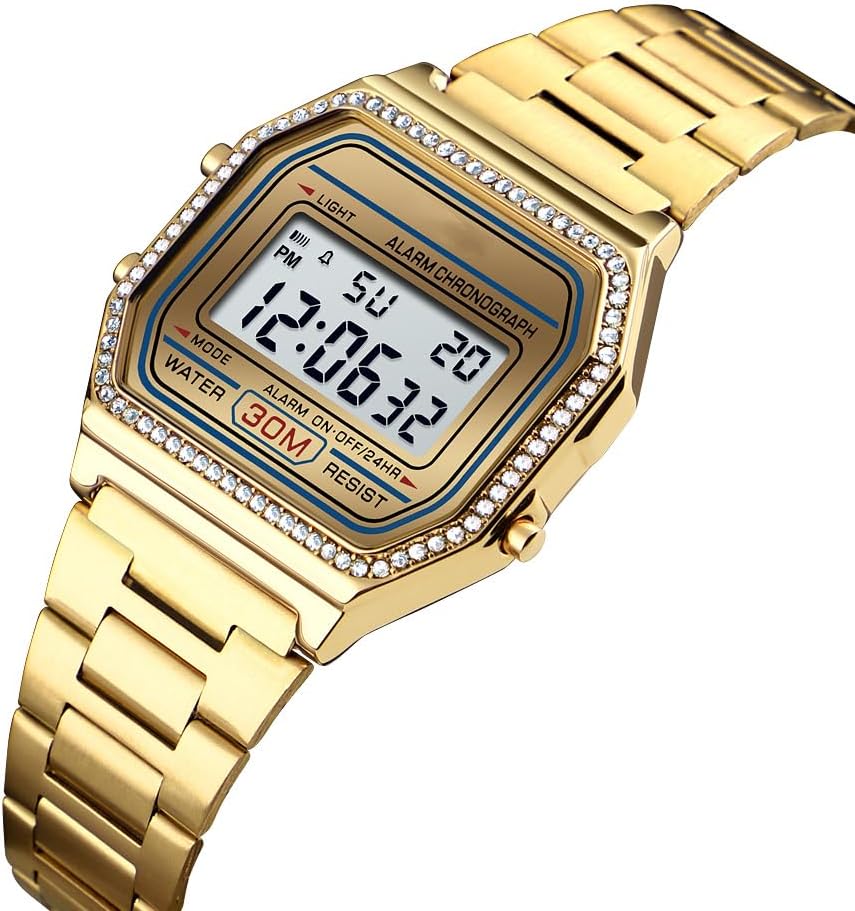 HOTPASOY Men's Digital Gold Stainless Steel Watch Backlit Multifunction Stopwatch Waterproof Sport Watches