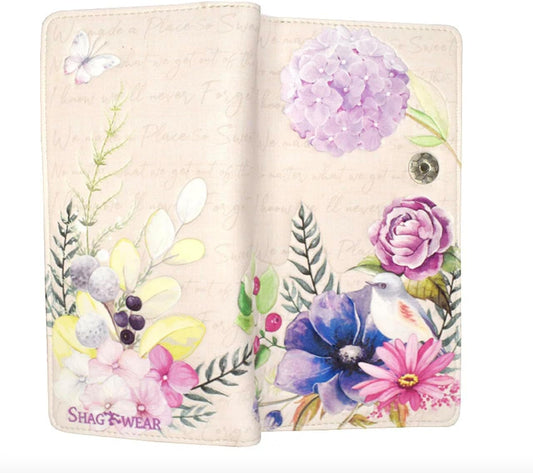 HOTShag Wear Floral Garden Large Wallet Vegan Faux Leather Botanical Design Clutch with Card Slots Bill Compartments ID Window Zippered Coin Pocket 7" Beige