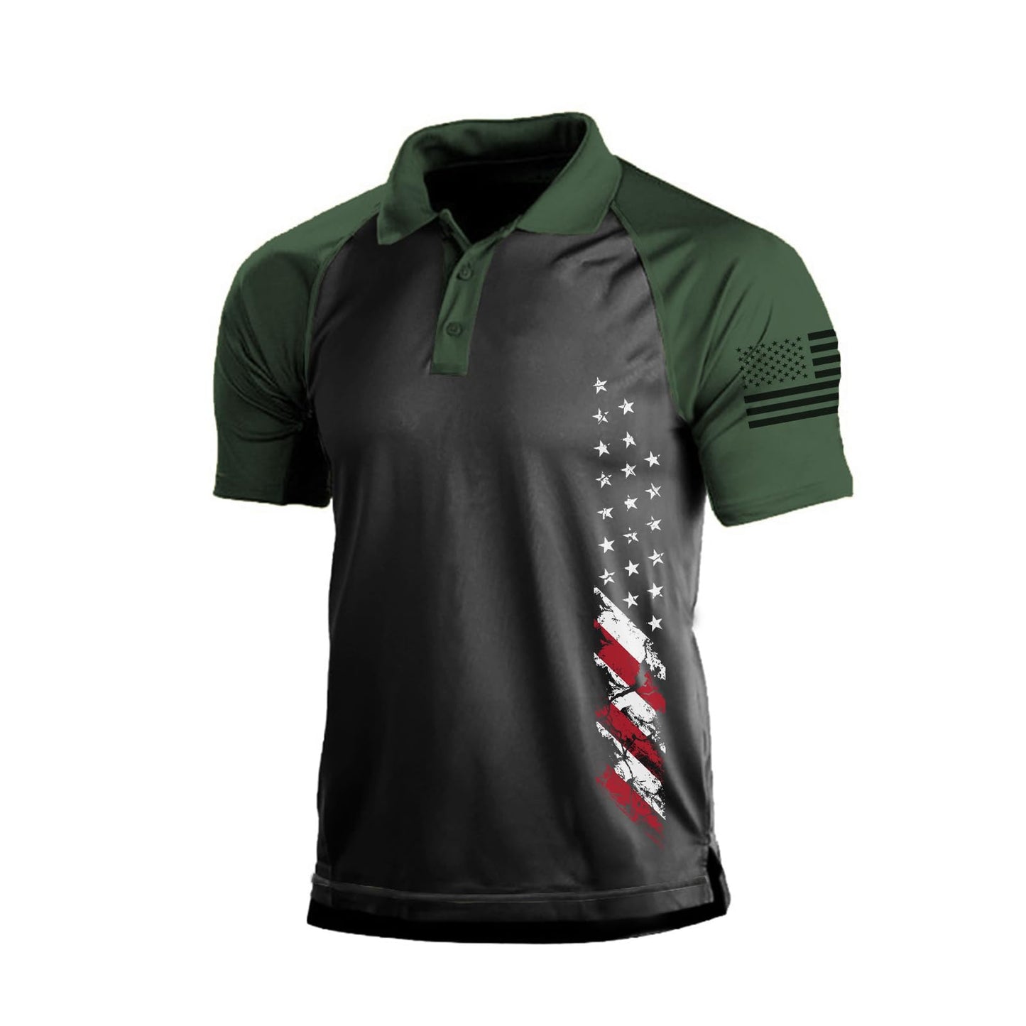 HOTMen's Polo Shirt Short Sleeve Quick Dry American Flag Print Graphic Split Color Golf Shirt for Sport