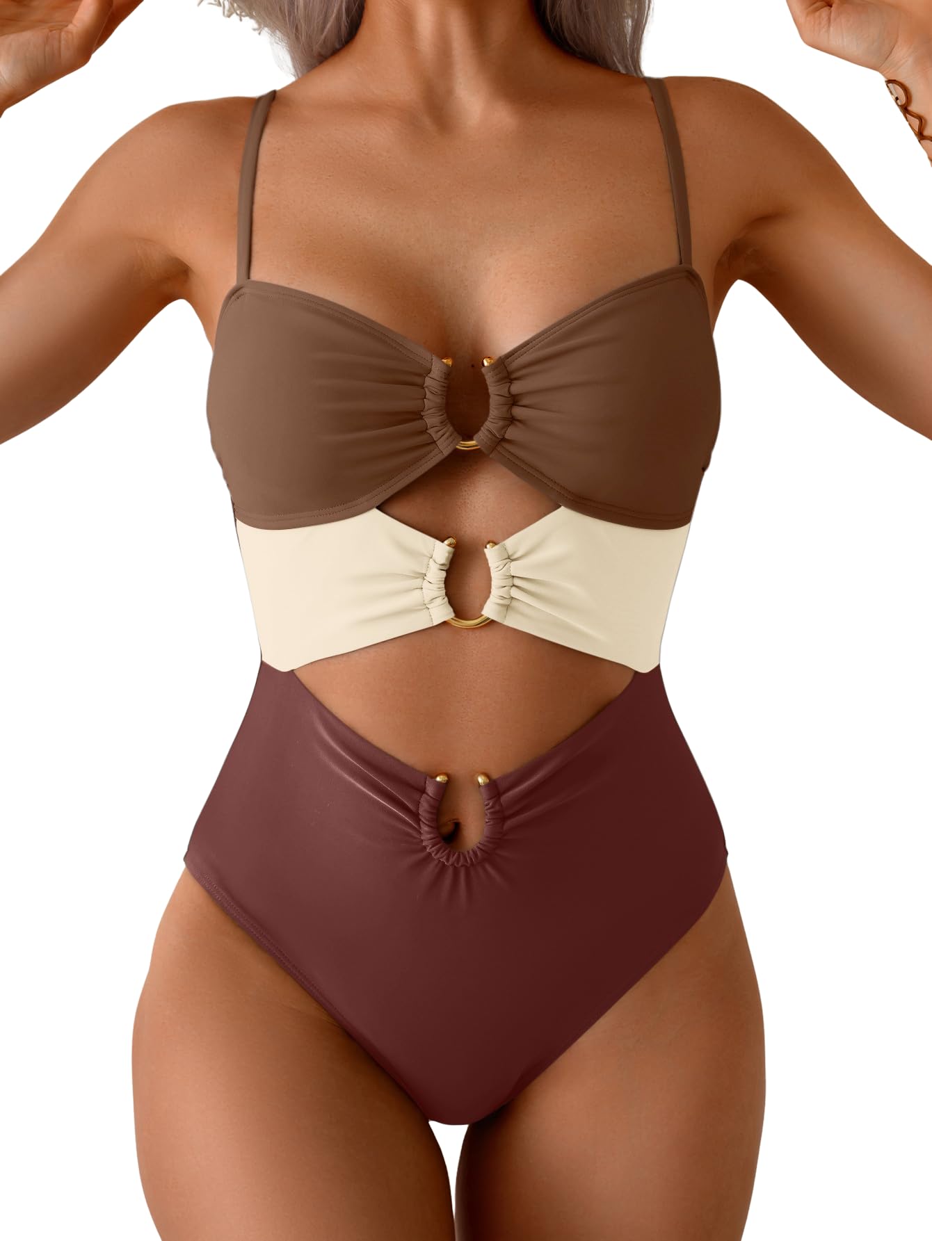 HOTEomenie Womens Cutout One Piece Swimsuit Sexy Bathing Suit | Ring Linked, Adjustable Spaghetti Straps, Bra Support, Soft Removable Cups, Monokini for Beach Vacation, Pool Side