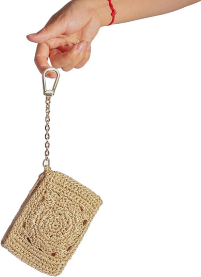 HOTEiyye Crochet Card Holder Wallet for Women Small Zipper Coin Purse with Keychain Slim Mini Wallet for Credit Cards & Cash (Khaki)
