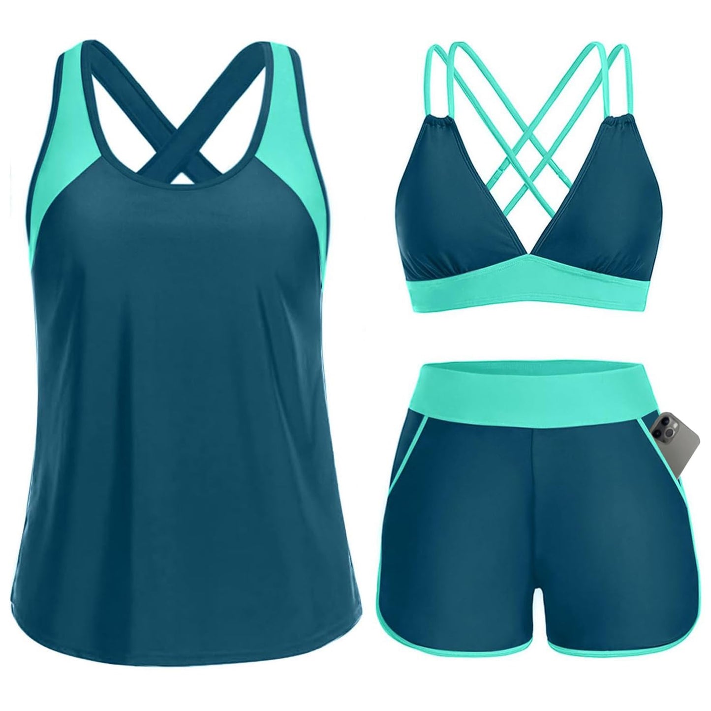 HOTWomen's 3 Piece Tankini Swimsuit Tummy Control with Bra Pocket Boy Shorts | Modest Bathing Suit, Athletic Style, Strappy-Back Support, High-Waist Fit, Built-In Brief, Side Pockets, Beach Swim Days
