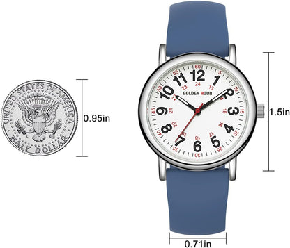 HOTGOLDEN HOUR Waterproof Nurse Watch for Medical Professionals, Students Women Men - Military Time Luminouse Easy Read Dial, 24 Hour with Second Hand, Colorful Silicone Band