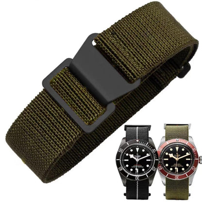 HOTFrench Troops Paratrooper Watchband,Military Elastic Nylon Watch Strap with Hook-and-Loop for Men Women Silver & Black Buckle 18/20/22mm