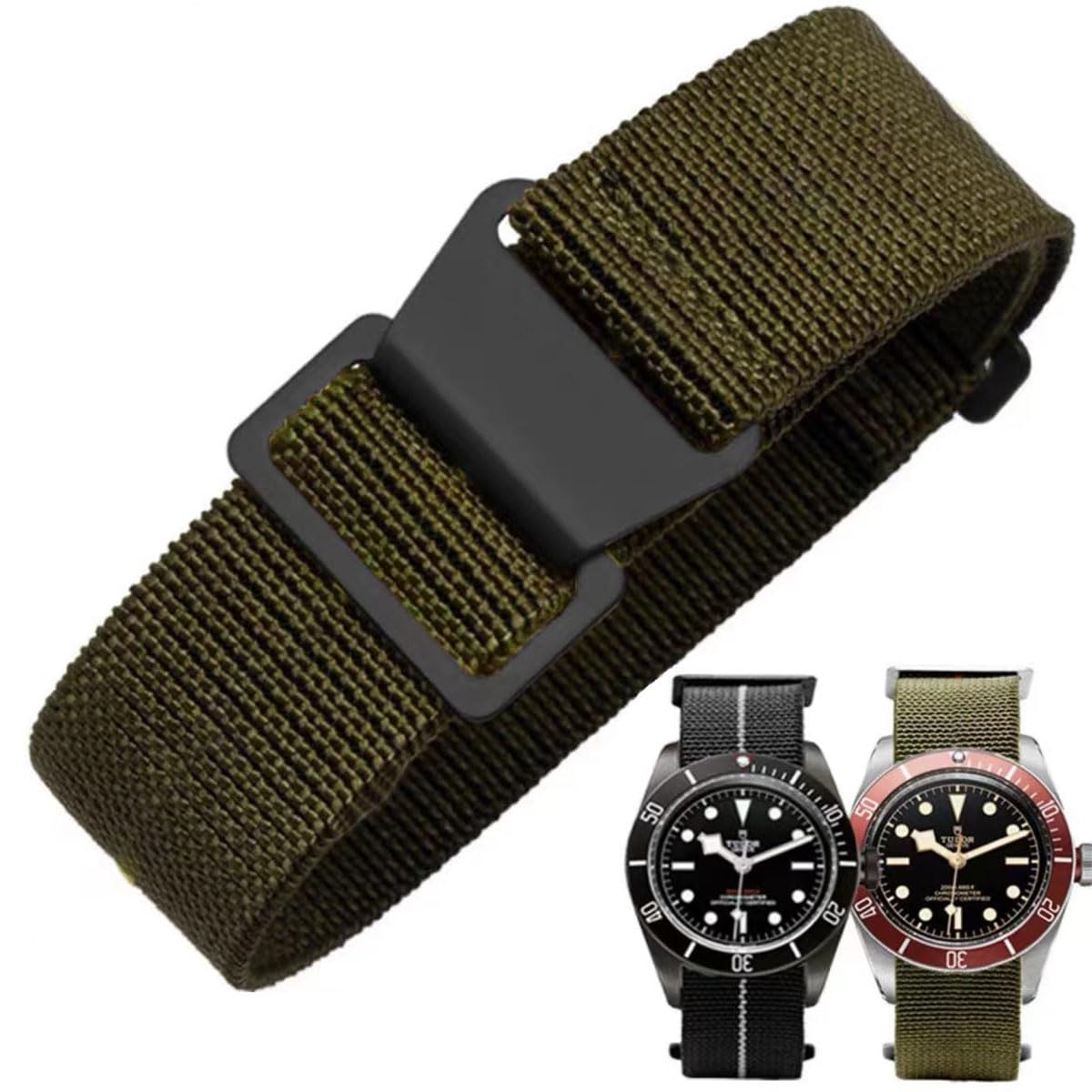 HOTFrench Troops Paratrooper Watchband,Military Elastic Nylon Watch Strap with Hook-and-Loop for Men Women Silver & Black Buckle 18/20/22mm
