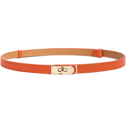 HOTWomen’s Skinny Leather Belt with Gold or Silver Turn-Lock Buckle – Adjustable Thin Belt for Dresses, Office & Wedding