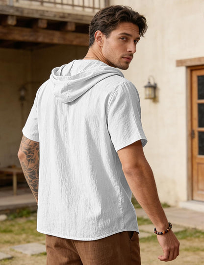 HOTMen's Cotton Linen Shirts Short Sleeve Casual Sweatshirts Button Down Summer Beach Wedding Shirts with Hoodies