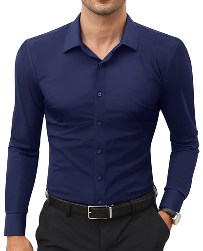 HOTLion Nardo Stretch Mens Dress Shirts Long Sleeve Slim Fit Dress Shirts for Men Muscle Fit Wrinkle Free Button Down Shirt
