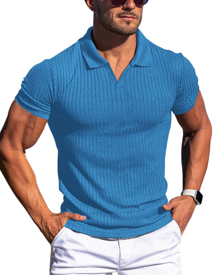 HOTMen's Muscle V Neck Polo Shirts Slim Fit Short Long Sleeve Cotton Golf T-Shirts Ribbed Knit Soft Tees