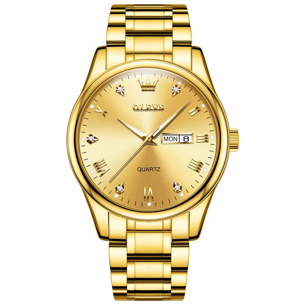 HOTOLEVS Men's Casual Stainless Steel Watch, Big Face Easy to Read Analog Quartz Watch with Day and Date, Classic Waterproof Diamond Roman Arabic Numeral Dial Dress Watch for Men, Gold Silver Black Band